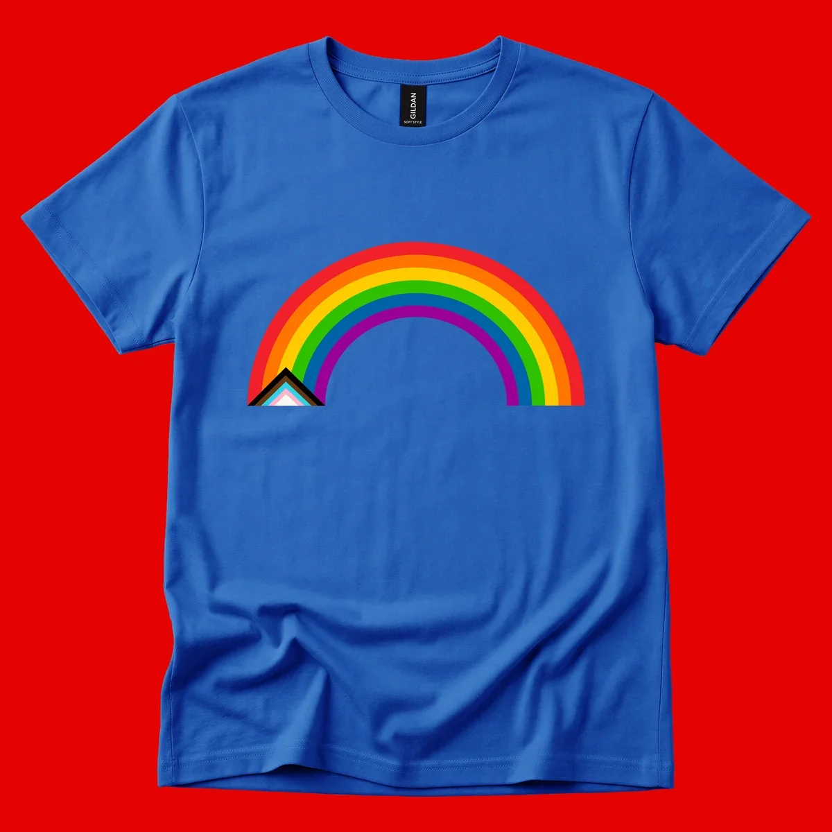 Vibrant rainbow pride arc with concentric color bands and geometric base shapes on gray background