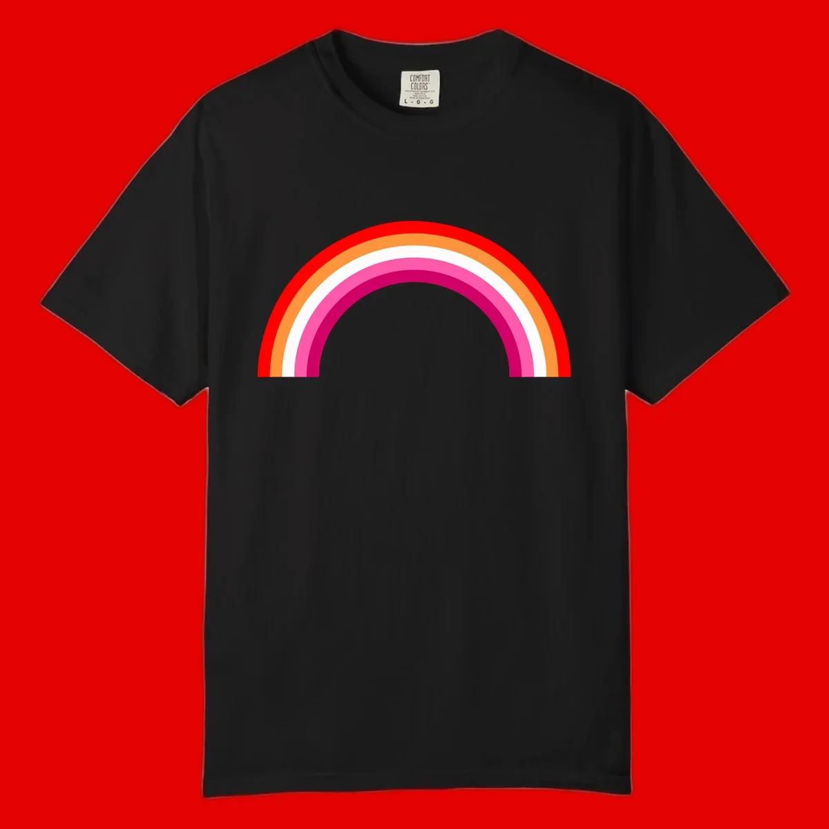 Colorful rainbow pride arc with concentric bands in red, orange, white, pink, and magenta against gray background