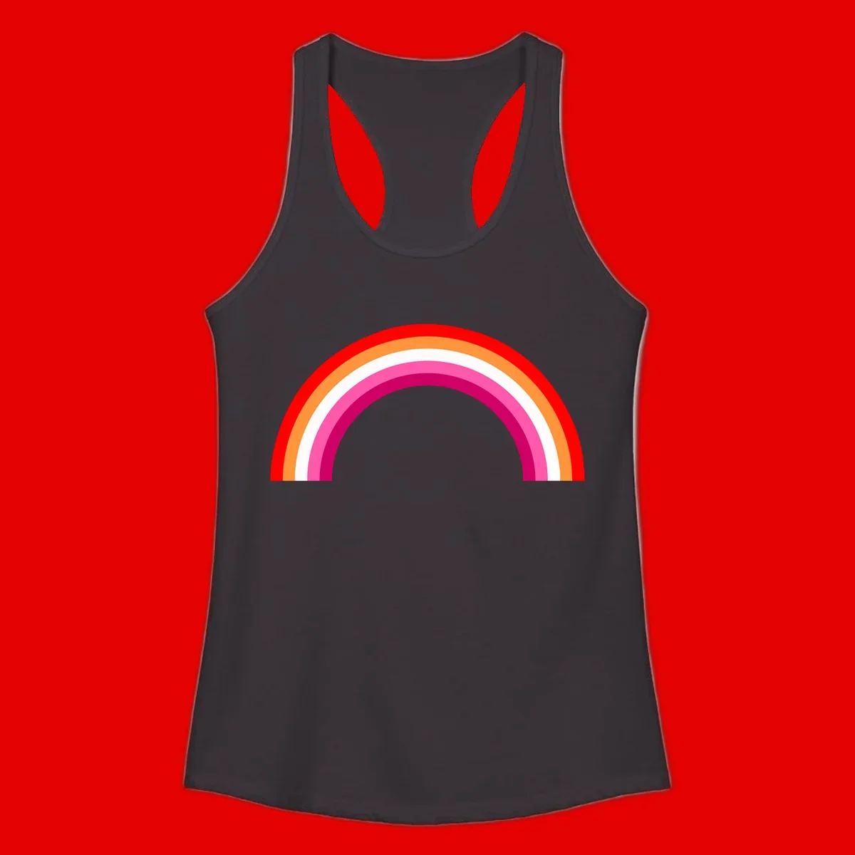Colorful rainbow pride arc with concentric bands in red, orange, white, pink, and magenta against gray background