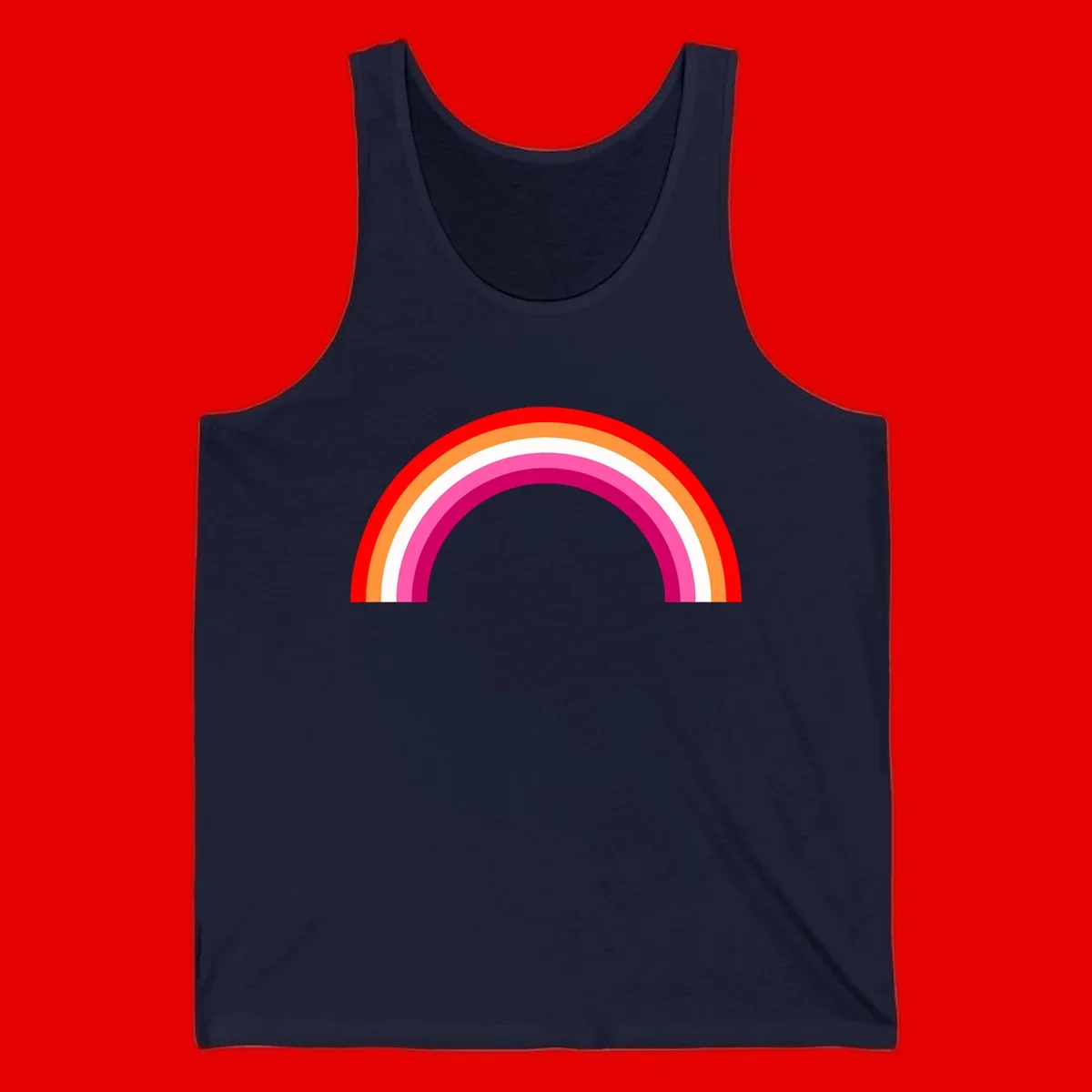 Colorful rainbow pride arc with concentric bands in red, orange, white, pink, and magenta against gray background