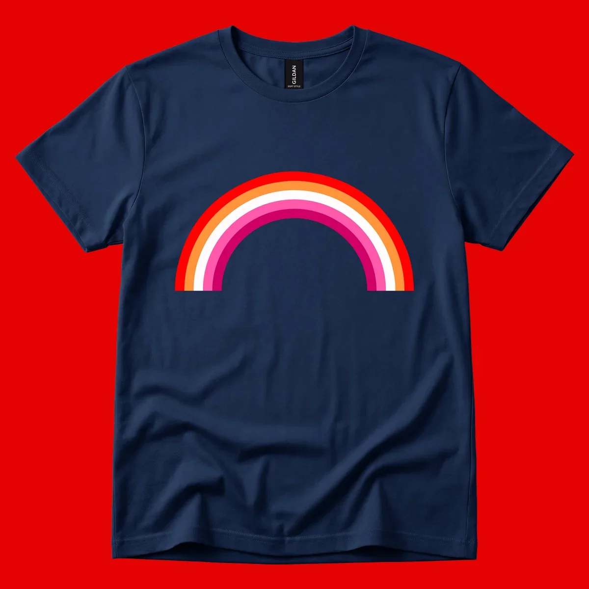 Colorful rainbow pride arc with concentric bands in red, orange, white, pink, and magenta against gray background