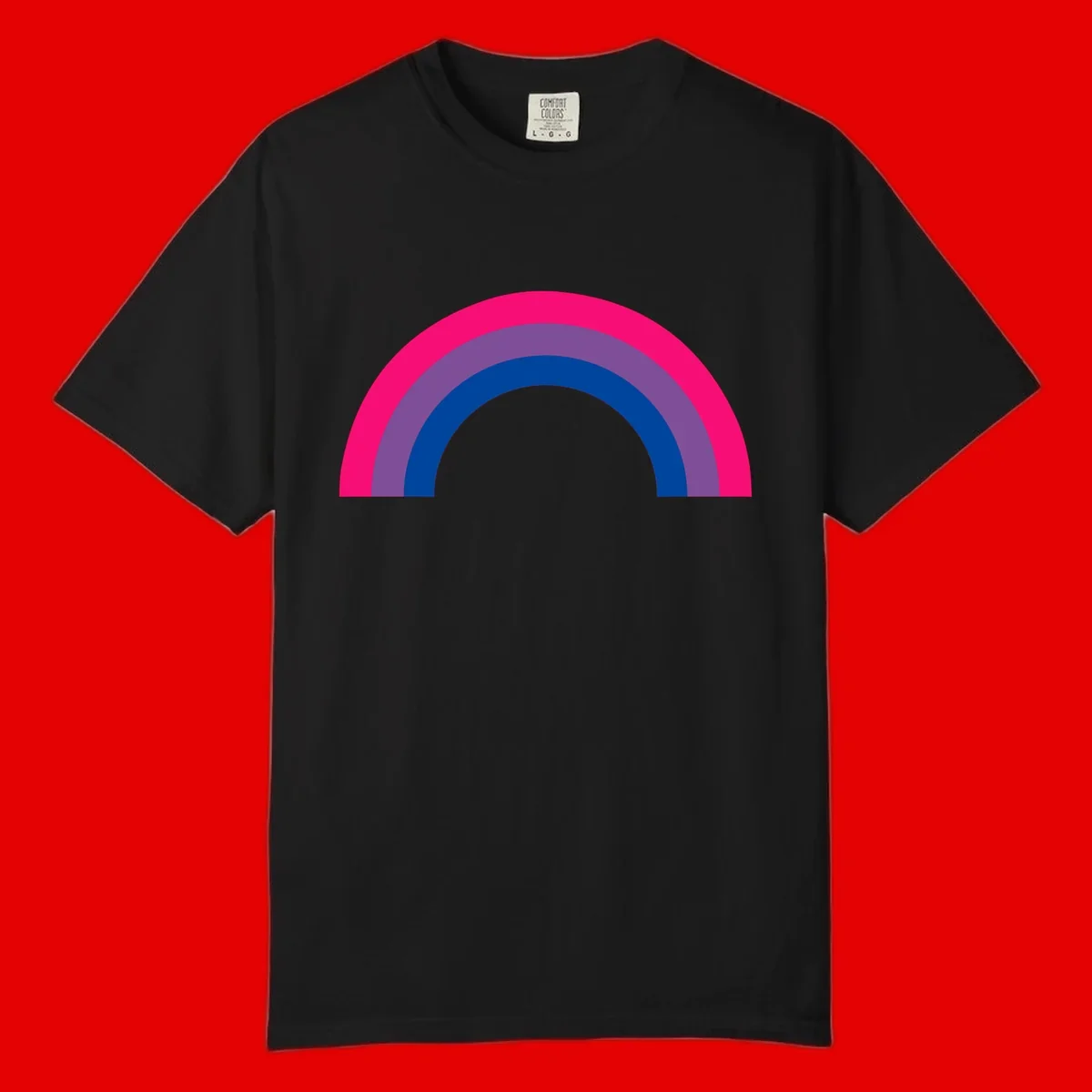 Concentric rainbow pride design featuring four nested semicircular arcs in hot pink, purple, dark blue, and gray.