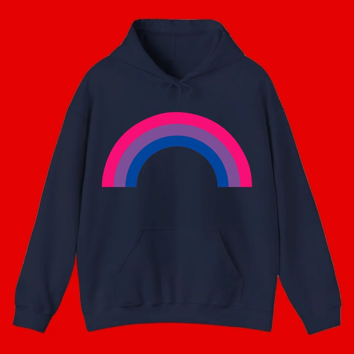 Concentric rainbow pride design featuring four nested semicircular arcs in hot pink, purple, dark blue, and gray.