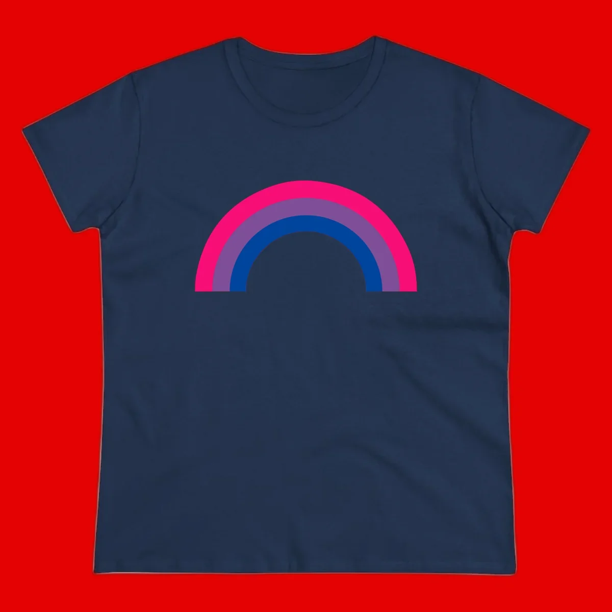 Concentric rainbow pride design featuring four nested semicircular arcs in hot pink, purple, dark blue, and gray.