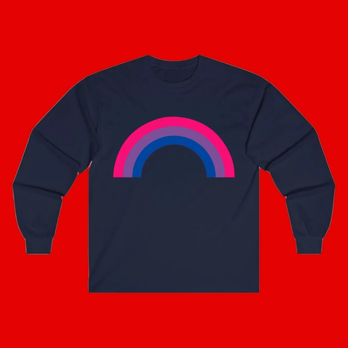 Concentric rainbow pride design featuring four nested semicircular arcs in hot pink, purple, dark blue, and gray.