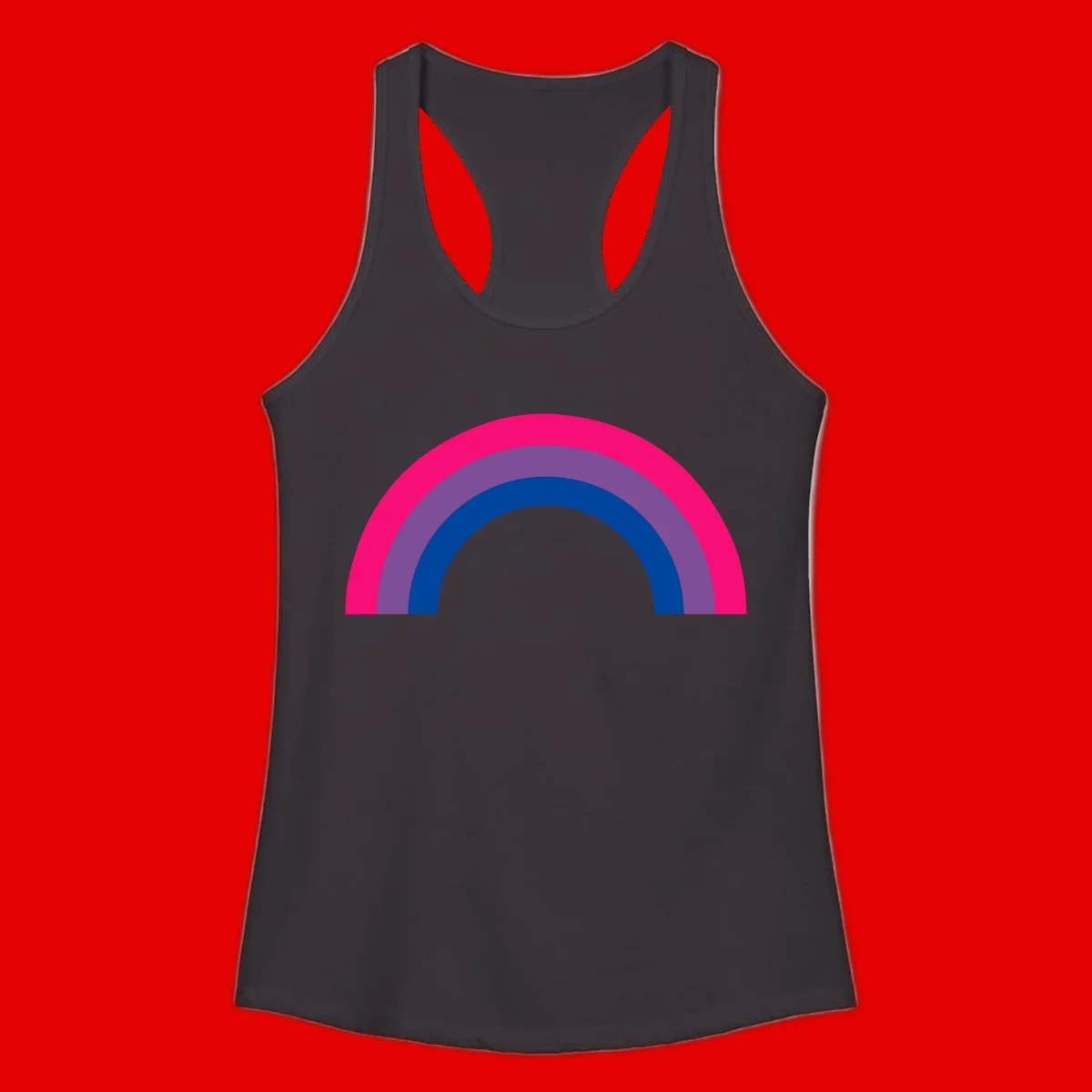 Concentric rainbow pride design featuring four nested semicircular arcs in hot pink, purple, dark blue, and gray.
