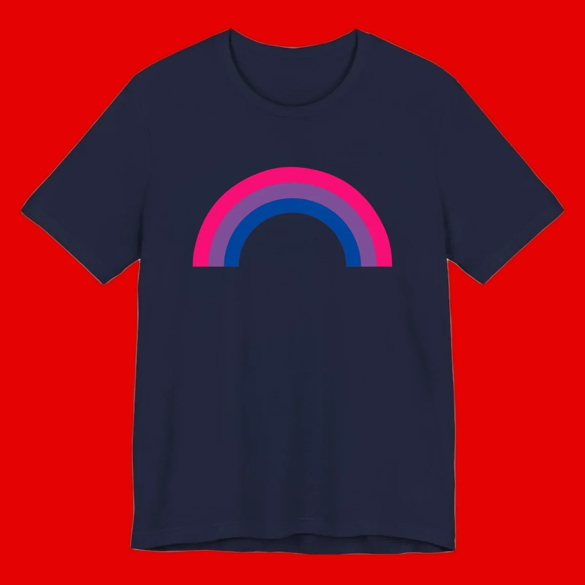 Concentric rainbow pride design featuring four nested semicircular arcs in hot pink, purple, dark blue, and gray.
