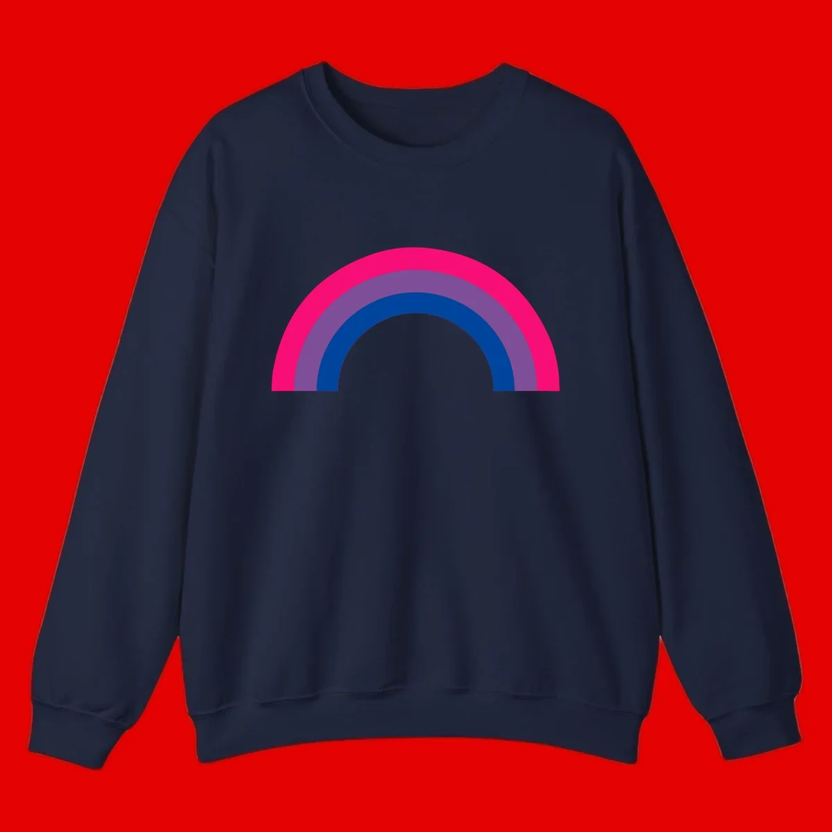 Concentric rainbow pride design featuring four nested semicircular arcs in hot pink, purple, dark blue, and gray.