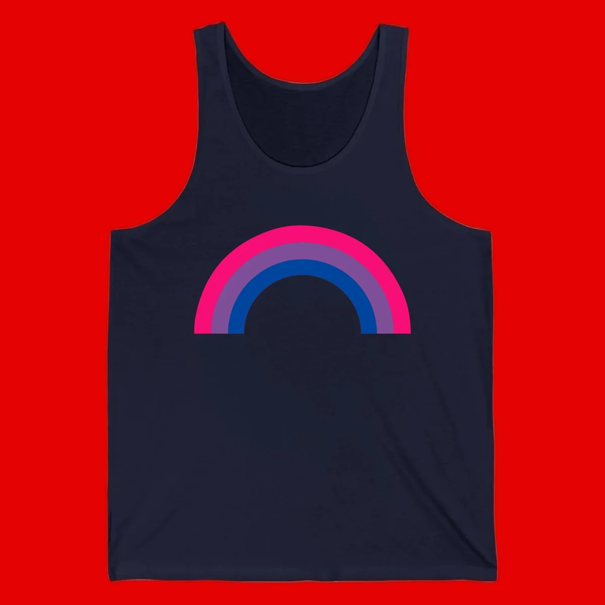 Concentric rainbow pride design featuring four nested semicircular arcs in hot pink, purple, dark blue, and gray.