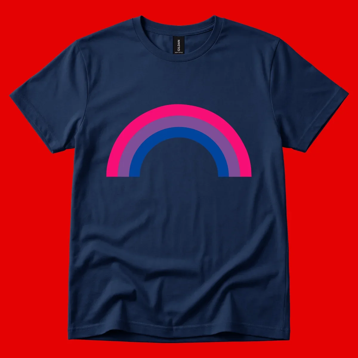 Concentric rainbow pride design featuring four nested semicircular arcs in hot pink, purple, dark blue, and gray.