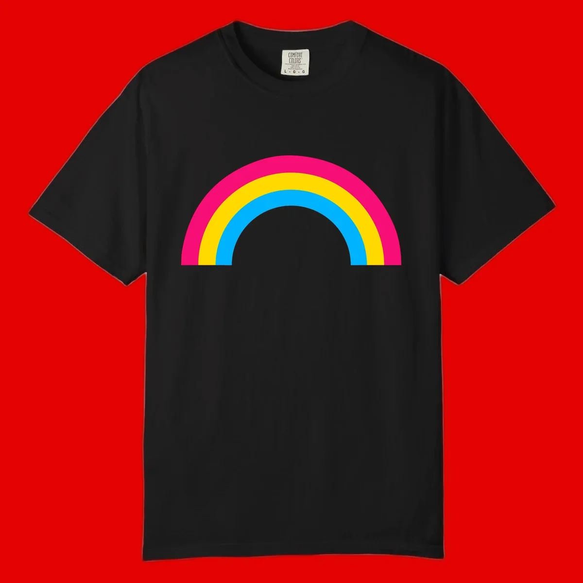 Concentric rainbow stripes in magenta, yellow, and cyan forming a classic arc design on gray background