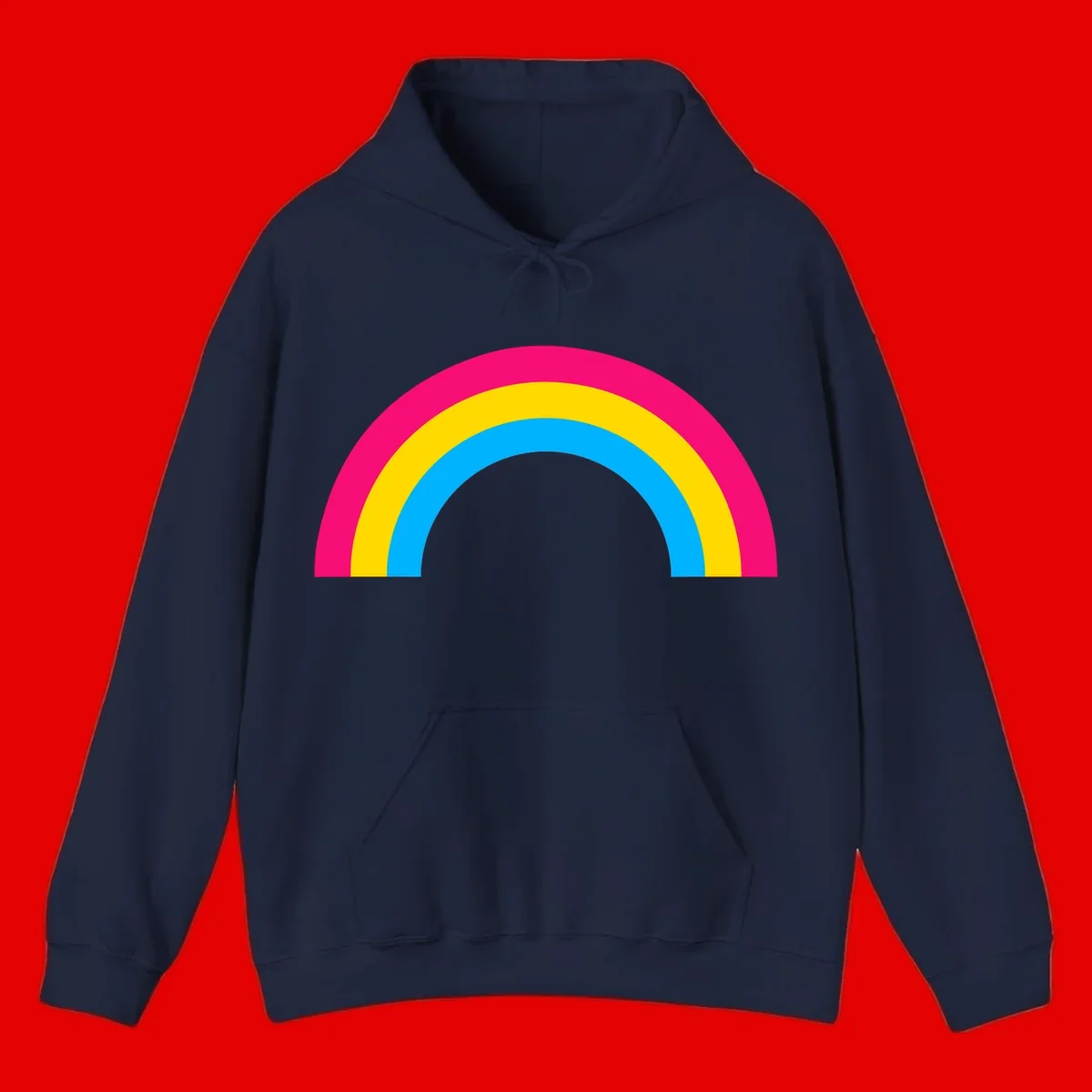 Concentric rainbow stripes in magenta, yellow, and cyan forming a classic arc design on gray background