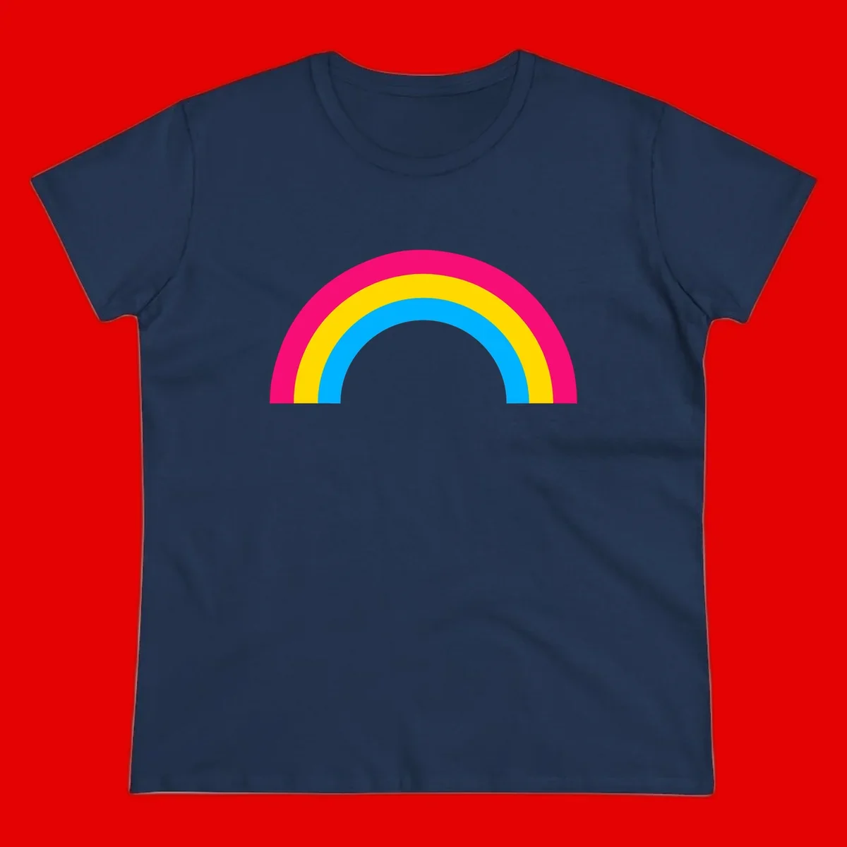 Concentric rainbow stripes in magenta, yellow, and cyan forming a classic arc design on gray background
