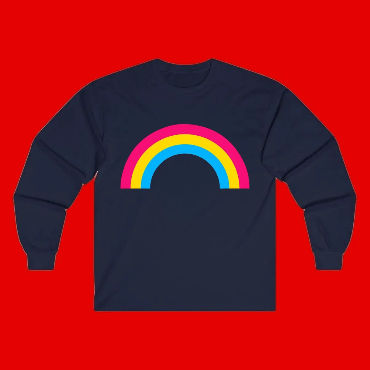 Concentric rainbow stripes in magenta, yellow, and cyan forming a classic arc design on gray background