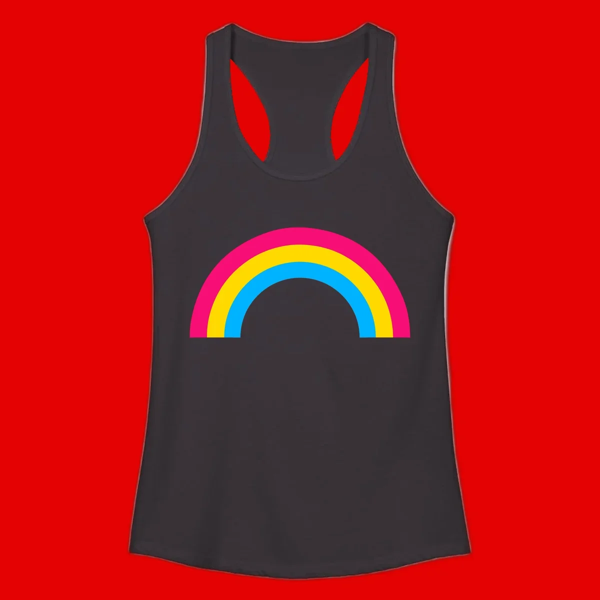 Concentric rainbow stripes in magenta, yellow, and cyan forming a classic arc design on gray background
