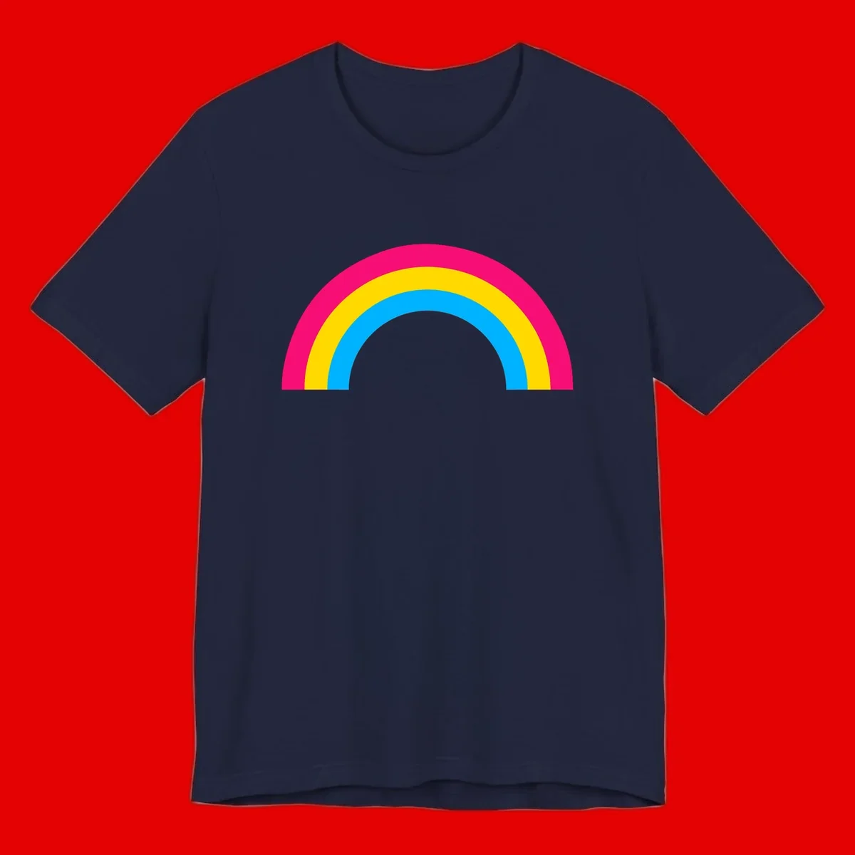 Concentric rainbow stripes in magenta, yellow, and cyan forming a classic arc design on gray background