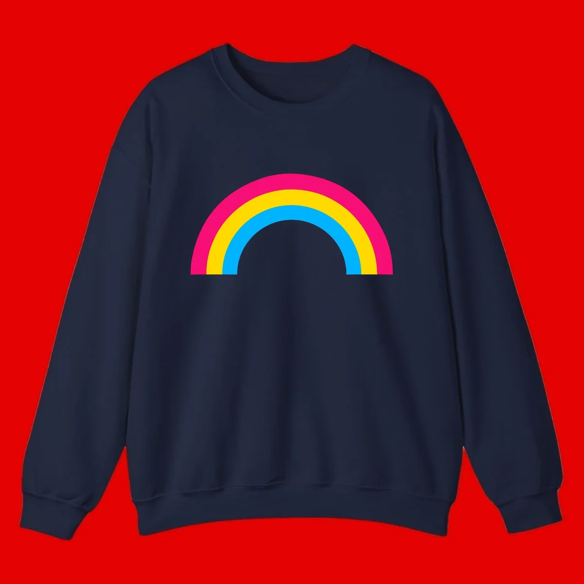 Concentric rainbow stripes in magenta, yellow, and cyan forming a classic arc design on gray background