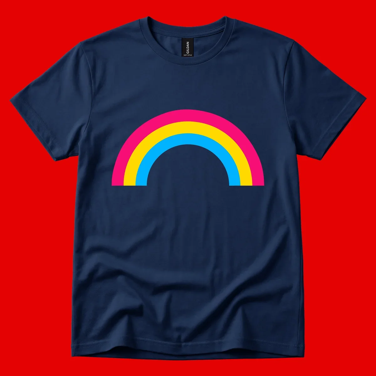 Concentric rainbow stripes in magenta, yellow, and cyan forming a classic arc design on gray background