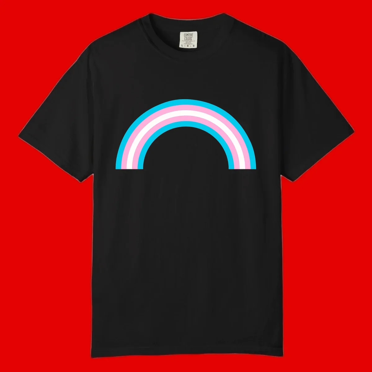 Pastel rainbow arch with five concentric curved bands in cyan, pink, and white on gray background