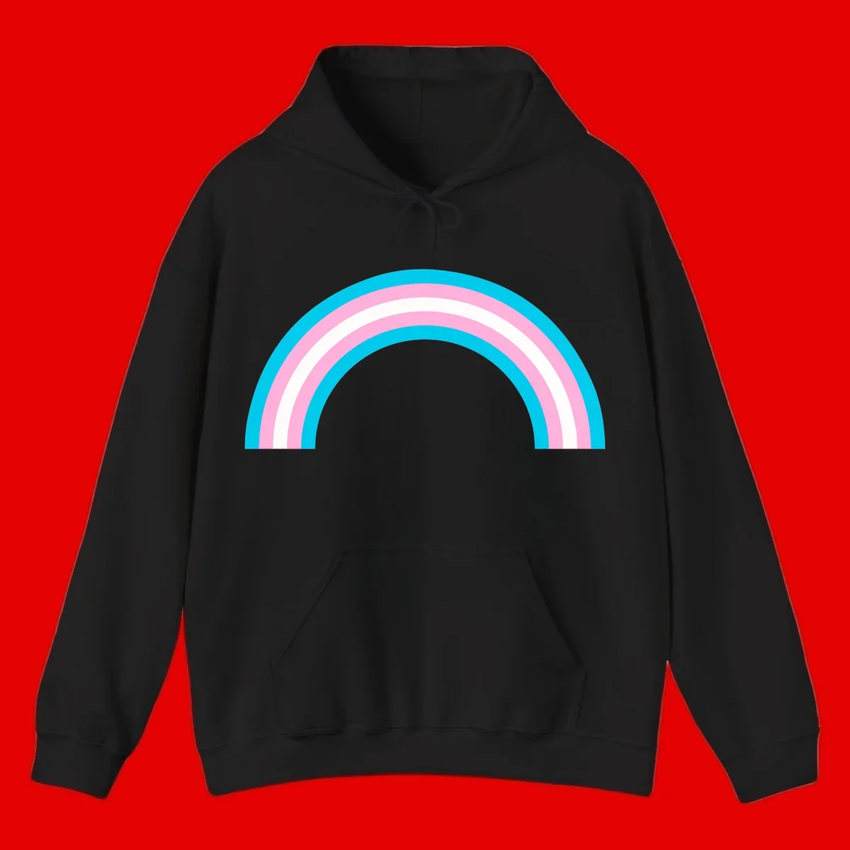 Pastel rainbow arch with five concentric curved bands in cyan, pink, and white on gray background