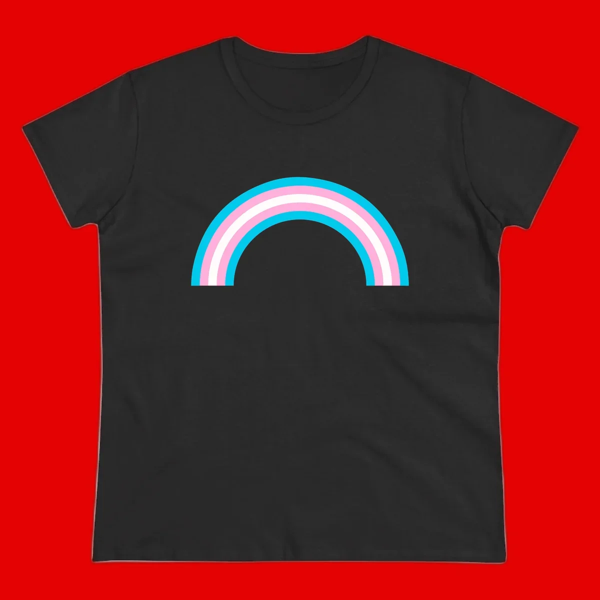 Pastel rainbow arch with five concentric curved bands in cyan, pink, and white on gray background
