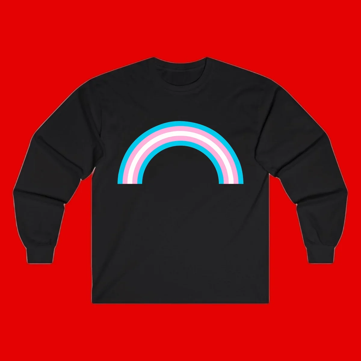 Pastel rainbow arch with five concentric curved bands in cyan, pink, and white on gray background