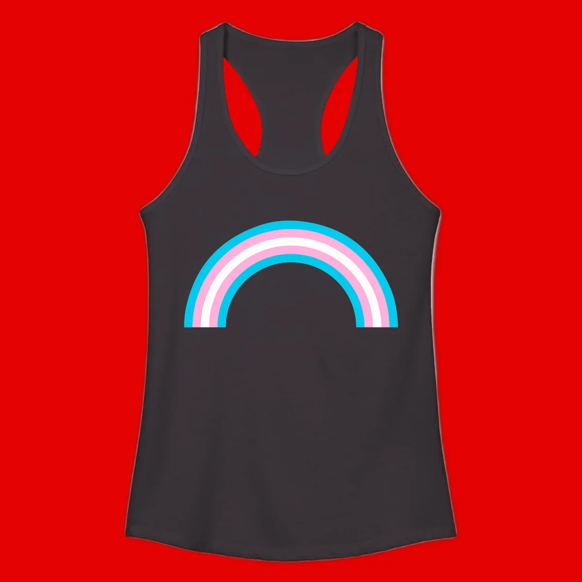 Pastel rainbow arch with five concentric curved bands in cyan, pink, and white on gray background