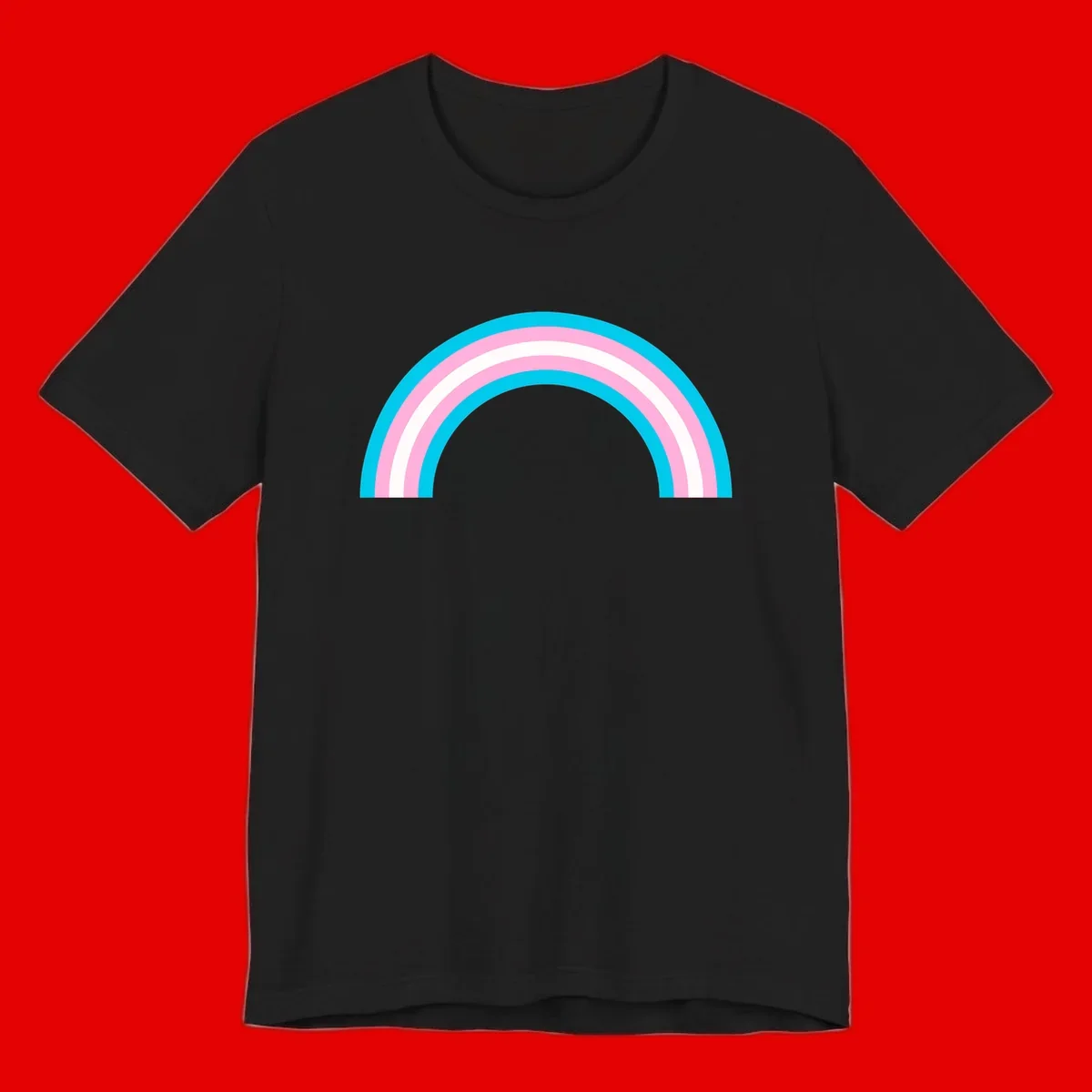 Pastel rainbow arch with five concentric curved bands in cyan, pink, and white on gray background