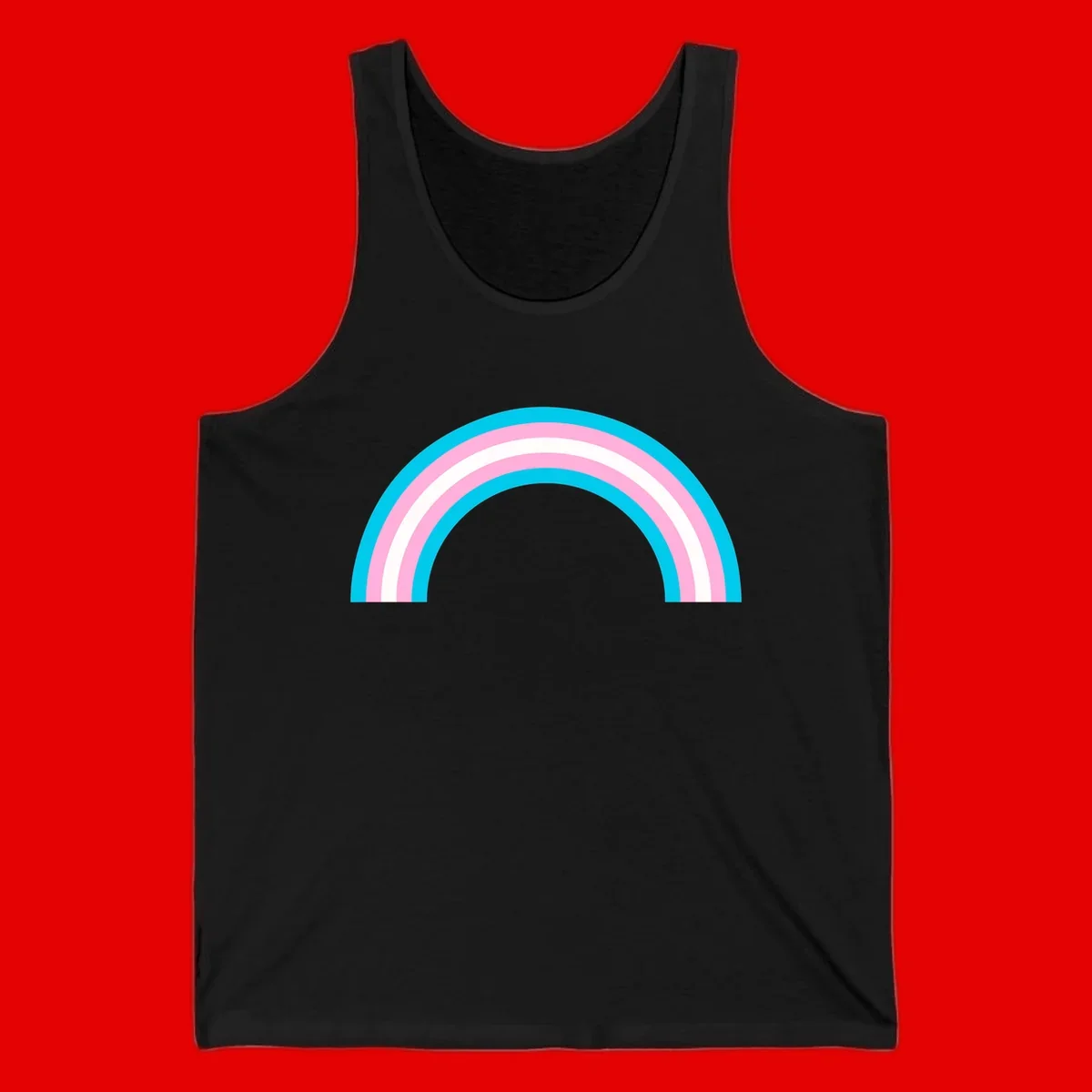Pastel rainbow arch with five concentric curved bands in cyan, pink, and white on gray background