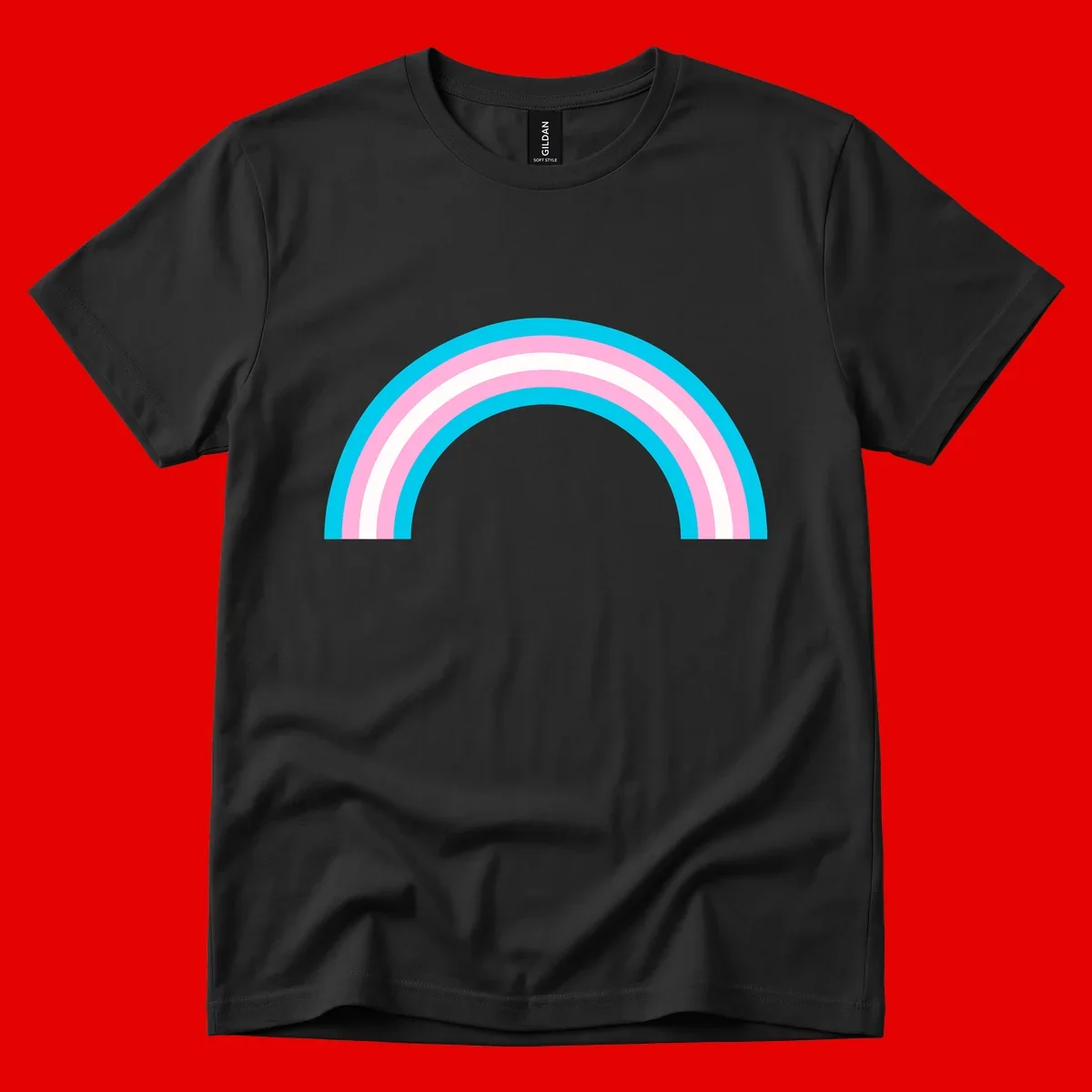 Pastel rainbow arch with five concentric curved bands in cyan, pink, and white on gray background