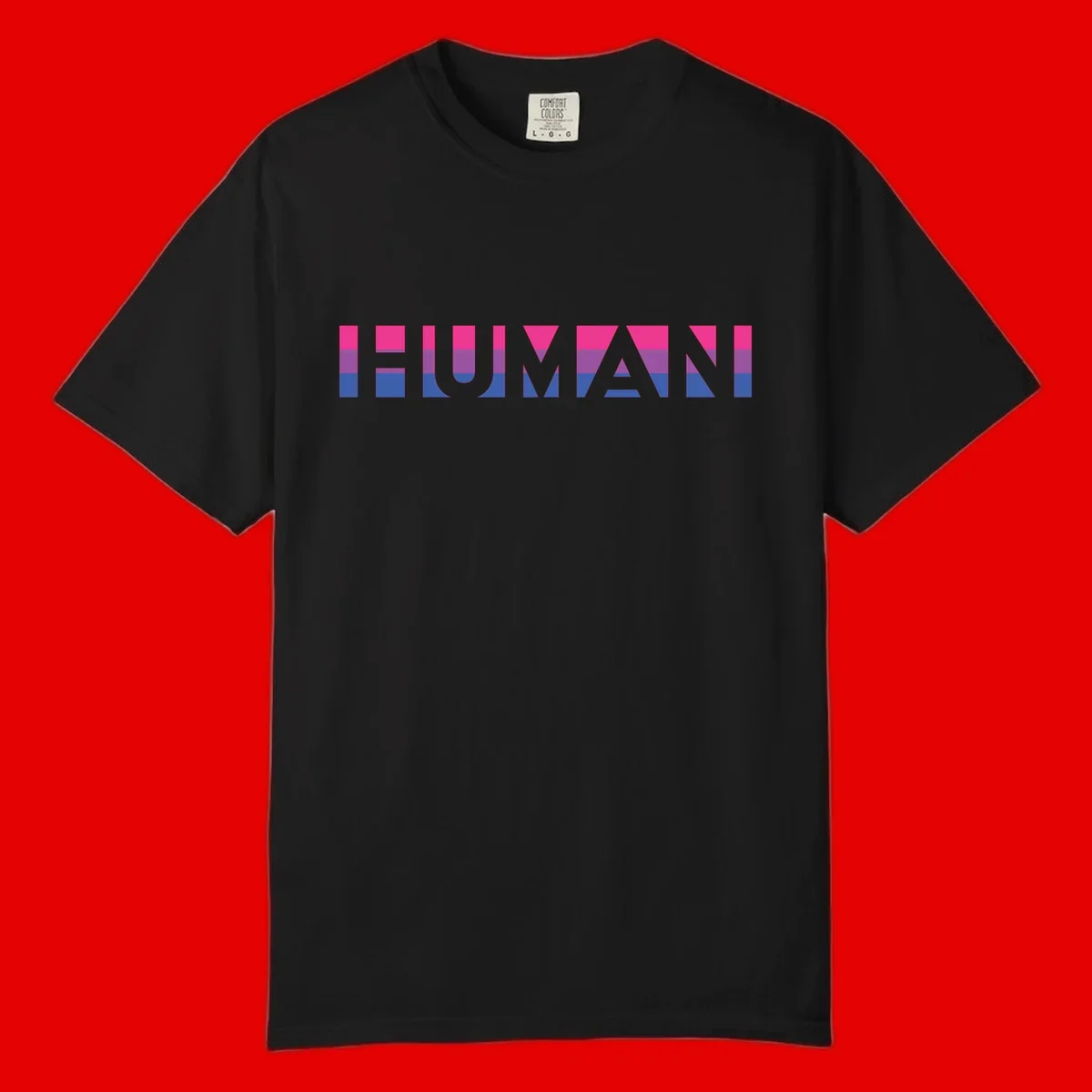 Human pride stripes design with magenta, purple, and blue horizontal color blocks spelling HUMAN text