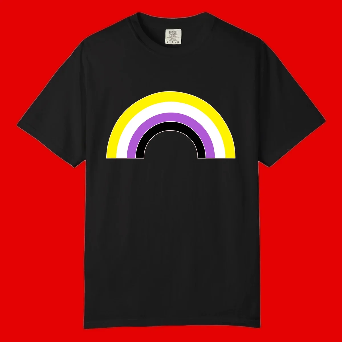 Concentric pride rainbow arcs in yellow, white, purple, and black nested semicircles on gray background