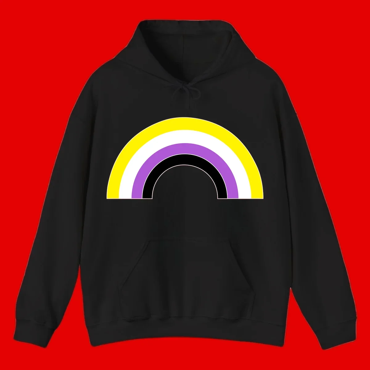Concentric pride rainbow arcs in yellow, white, purple, and black nested semicircles on gray background