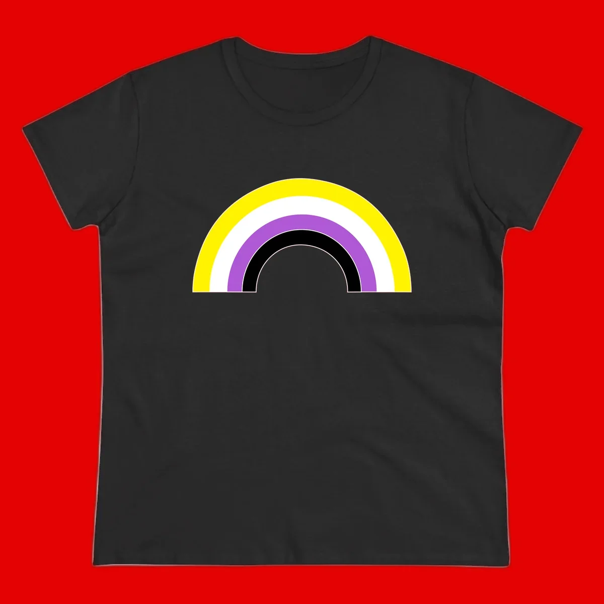 Concentric pride rainbow arcs in yellow, white, purple, and black nested semicircles on gray background