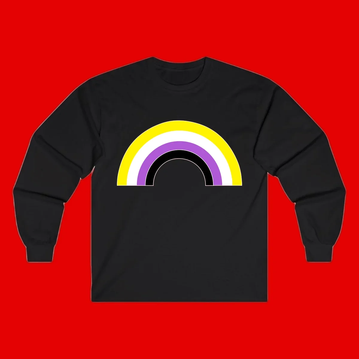 Concentric pride rainbow arcs in yellow, white, purple, and black nested semicircles on gray background