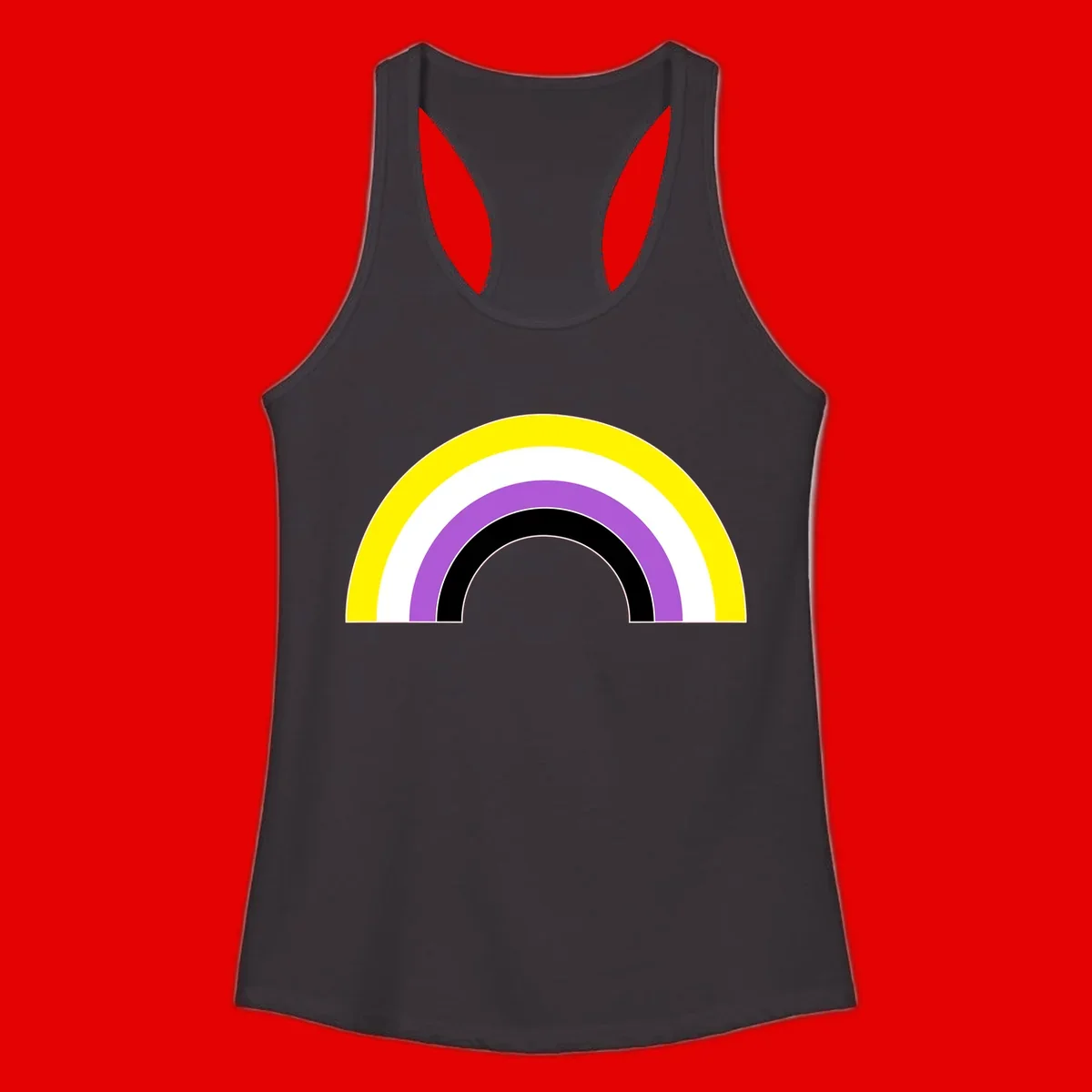 Concentric pride rainbow arcs in yellow, white, purple, and black nested semicircles on gray background
