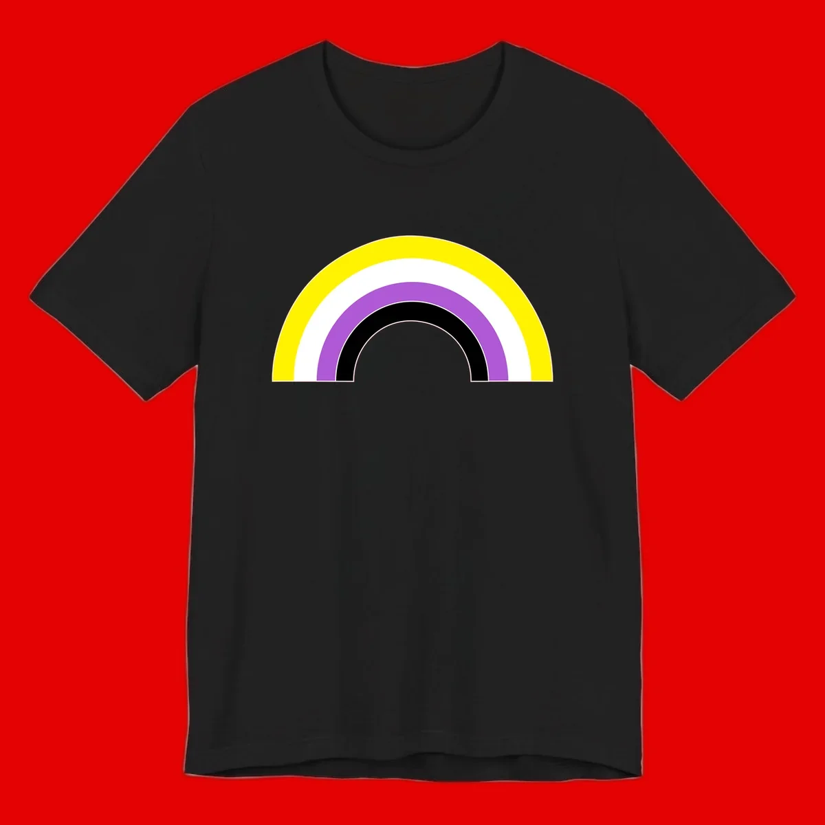 Concentric pride rainbow arcs in yellow, white, purple, and black nested semicircles on gray background
