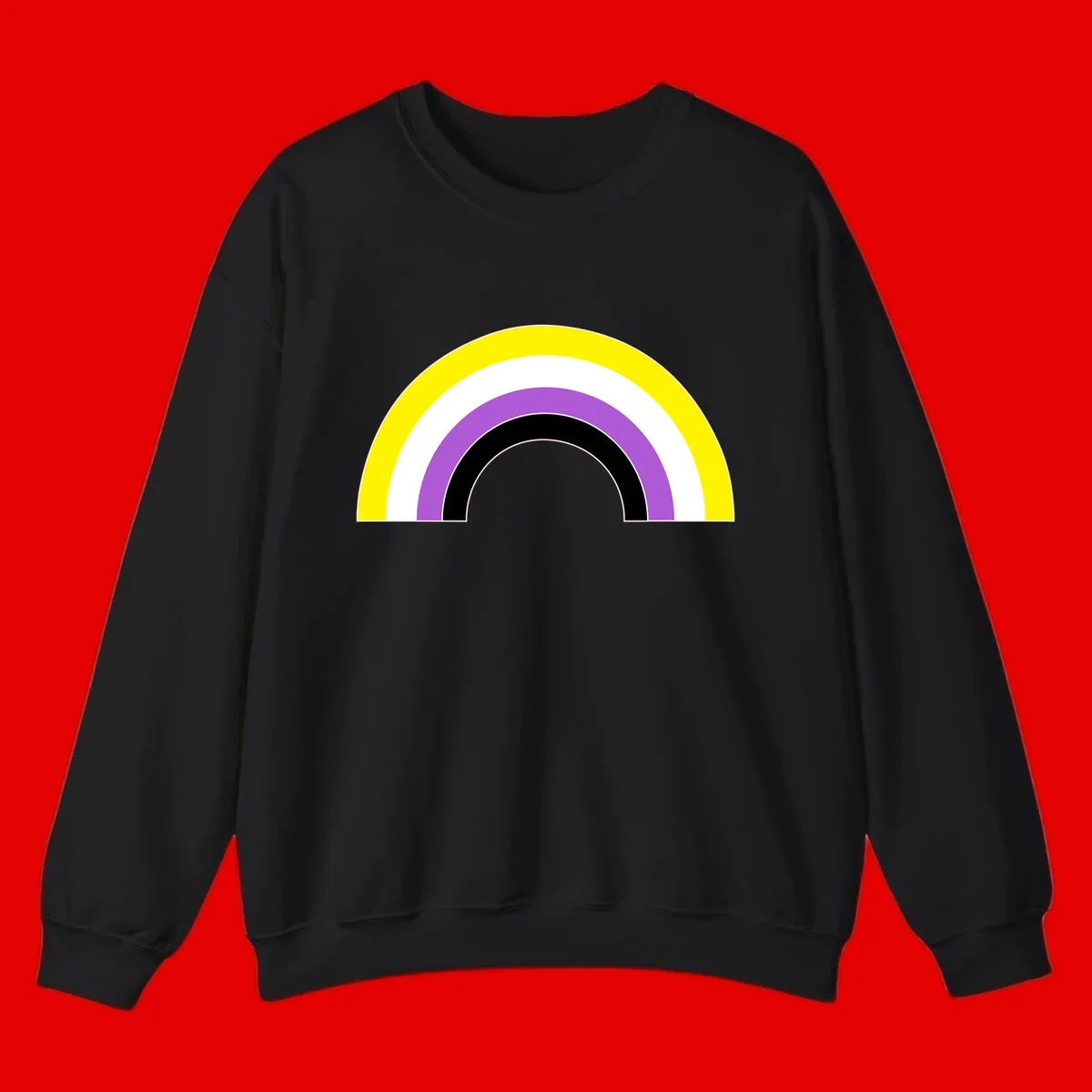 Concentric pride rainbow arcs in yellow, white, purple, and black nested semicircles on gray background