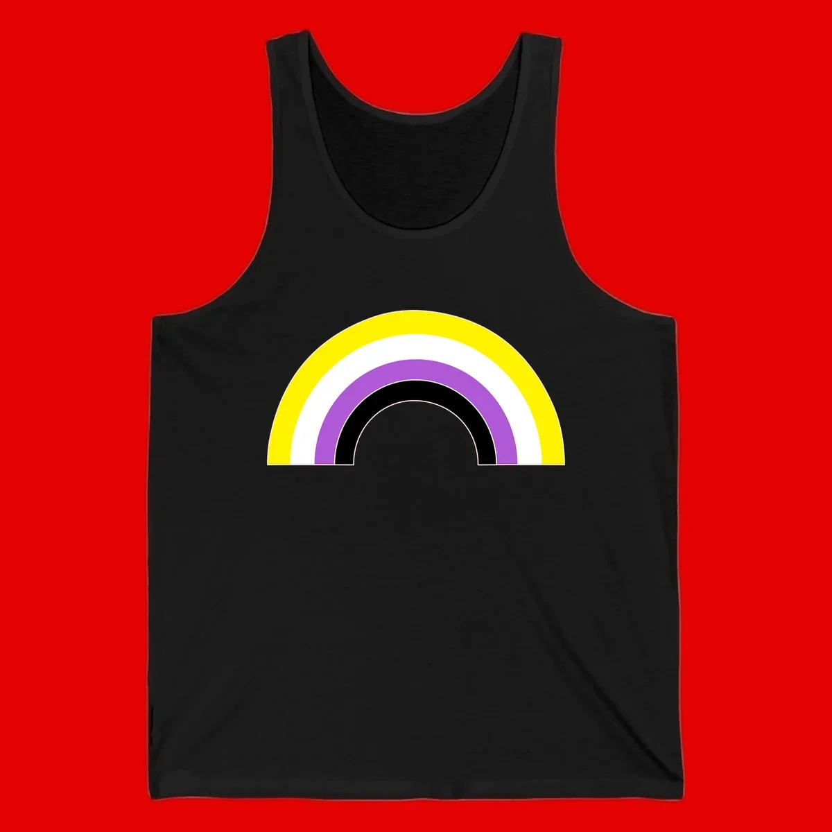 Concentric pride rainbow arcs in yellow, white, purple, and black nested semicircles on gray background
