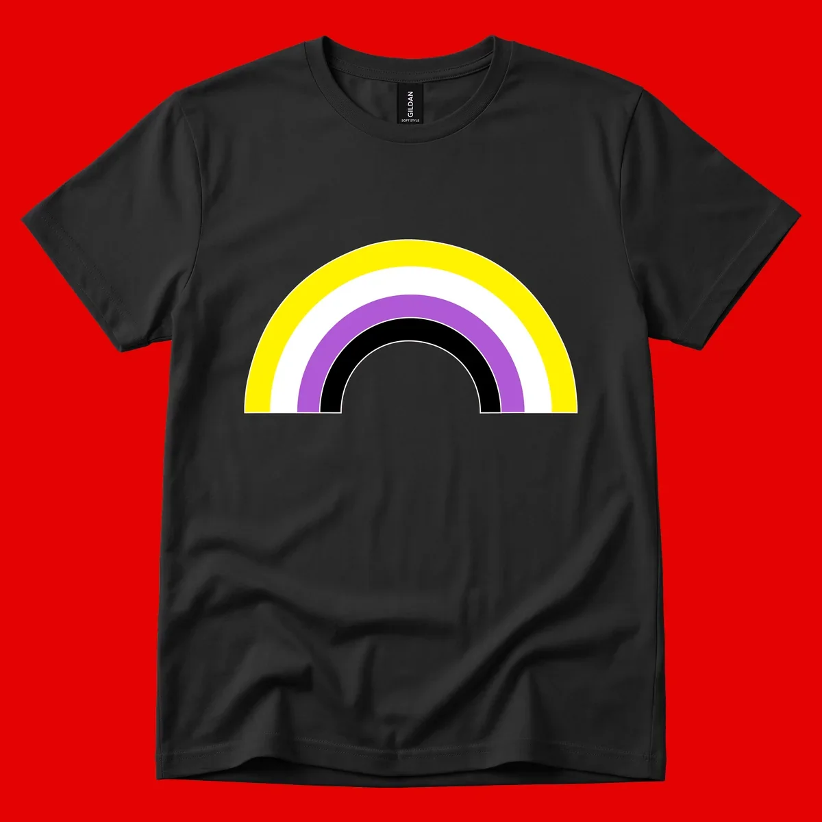 Concentric pride rainbow arcs in yellow, white, purple, and black nested semicircles on gray background