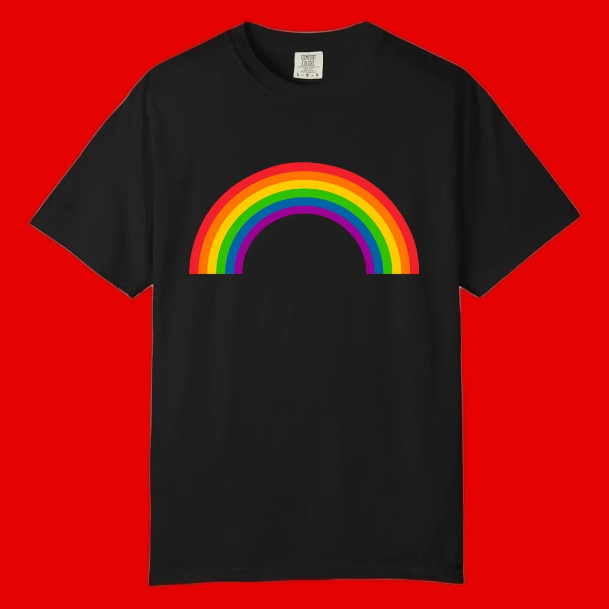 Rainbow pride arc with seven concentric colored stripes in red, orange, yellow, green, blue, purple, and magenta forming a semicircle against gray background