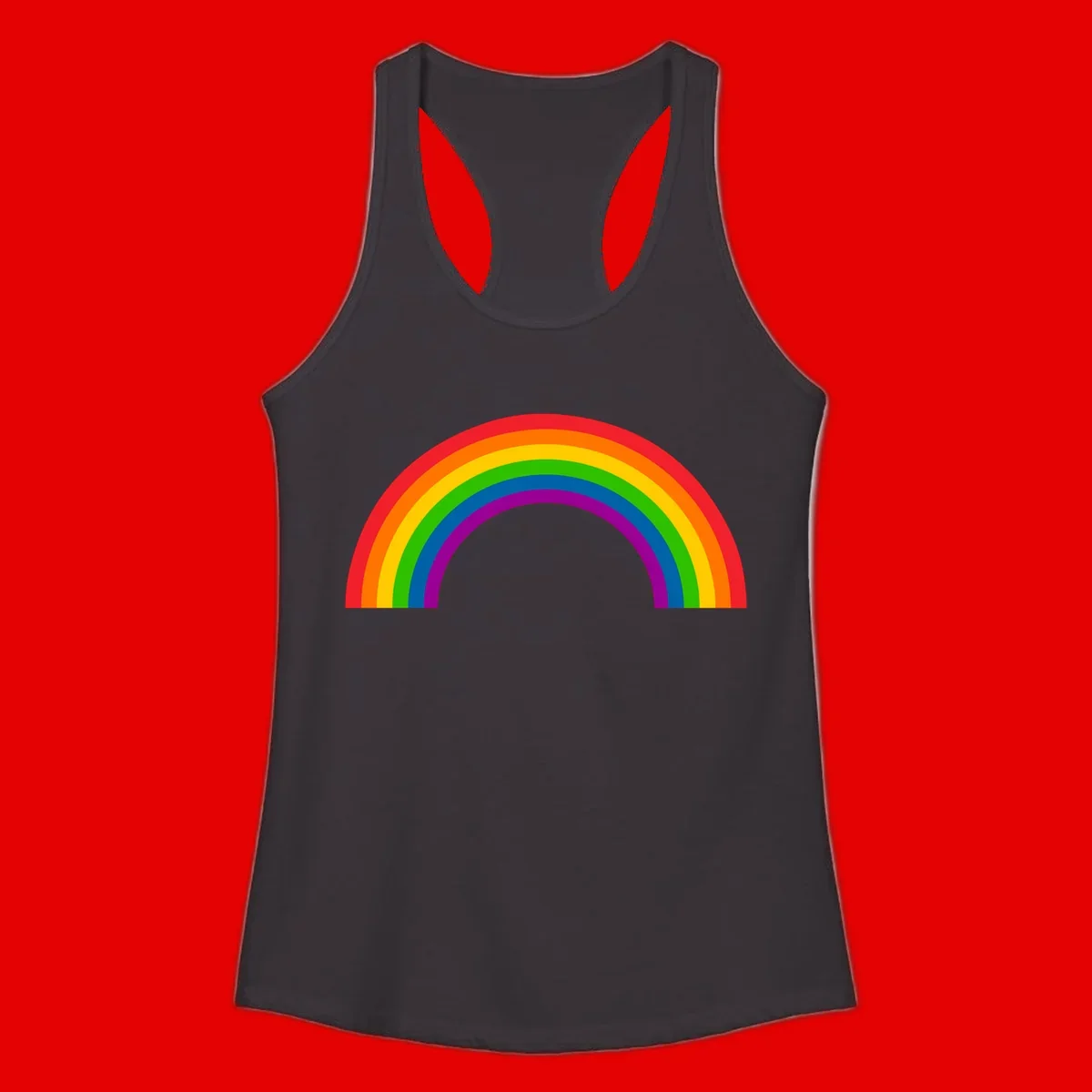 Rainbow pride arc with seven concentric colored stripes in red, orange, yellow, green, blue, purple, and magenta forming a semicircle against gray background