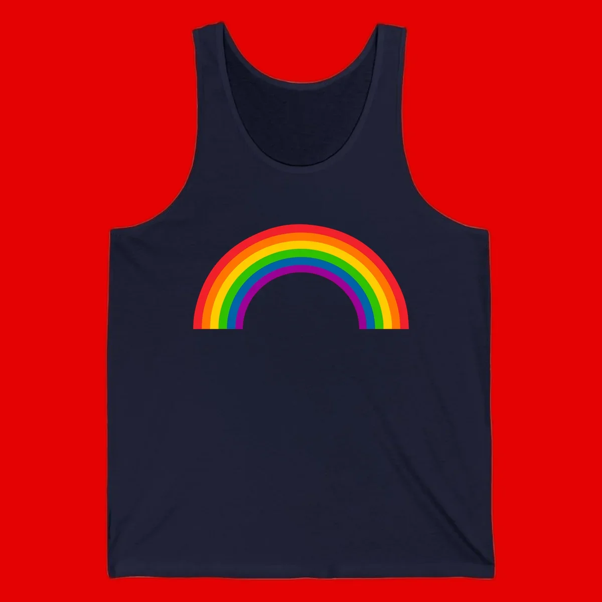 Rainbow pride arc with seven concentric colored stripes in red, orange, yellow, green, blue, purple, and magenta forming a semicircle against gray background