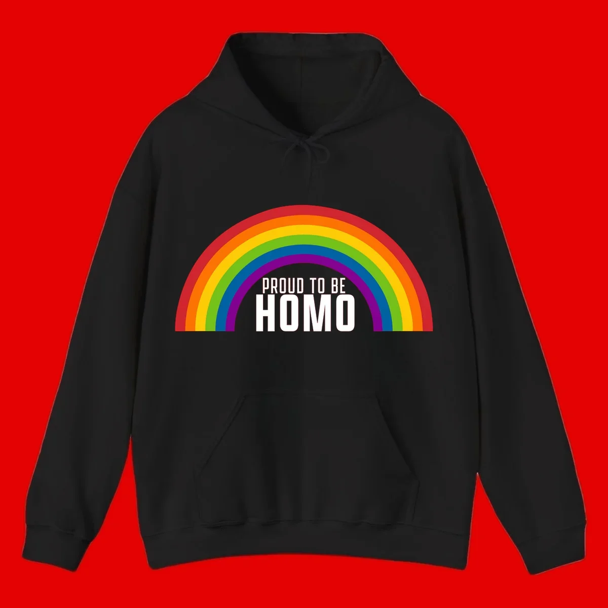 Proud to be homo design: rainbow arc in pride colors frames white text on gray background