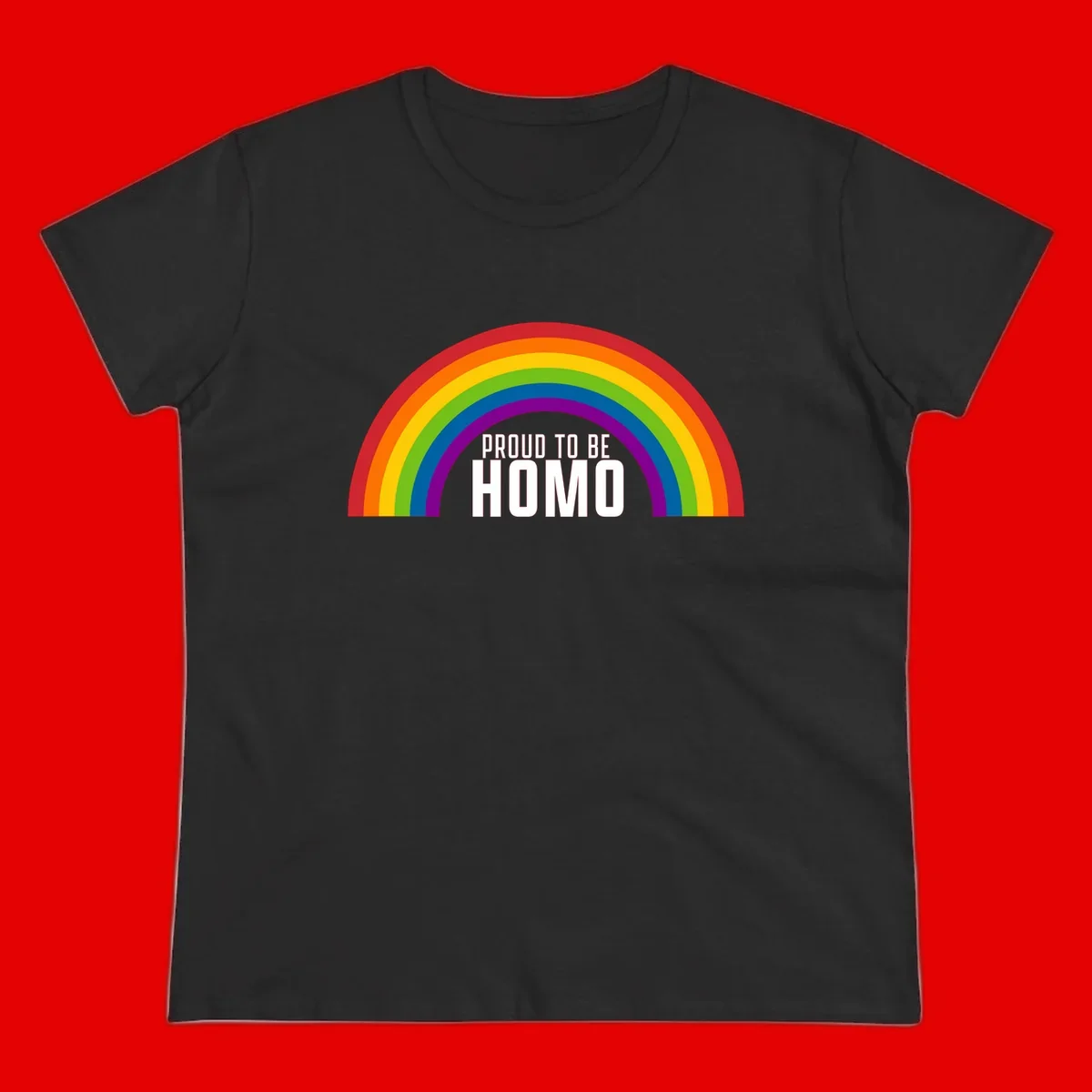 Proud to be homo design: rainbow arc in pride colors frames white text on gray background
