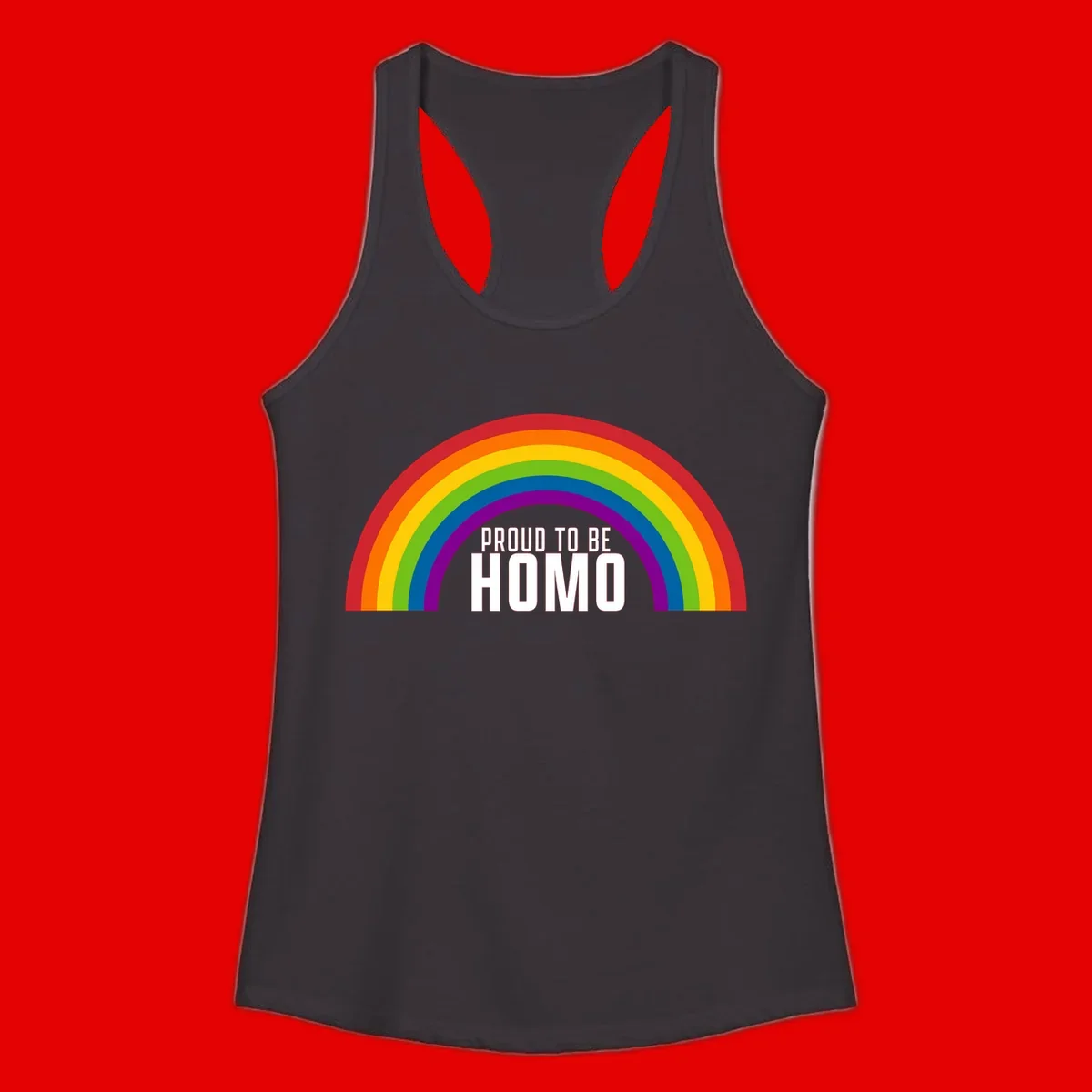 Proud to be homo design: rainbow arc in pride colors frames white text on gray background