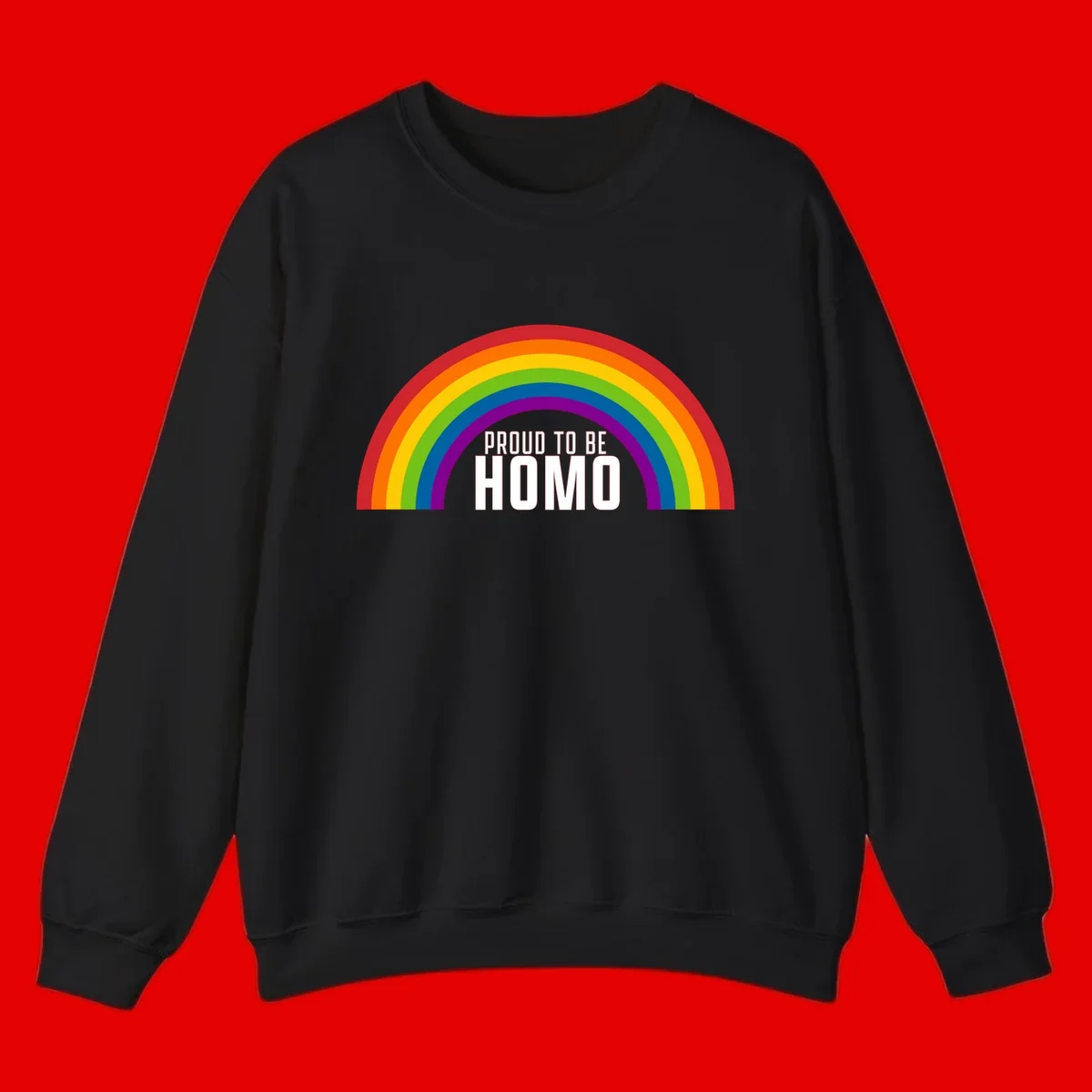 Proud to be homo design: rainbow arc in pride colors frames white text on gray background