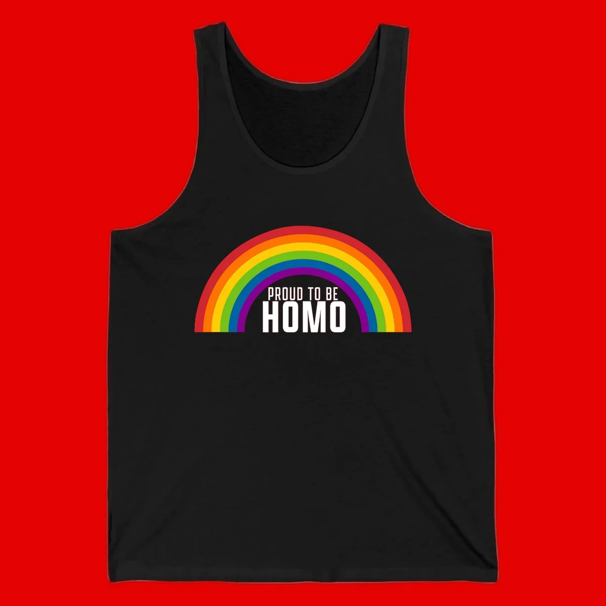 Proud to be homo design: rainbow arc in pride colors frames white text on gray background