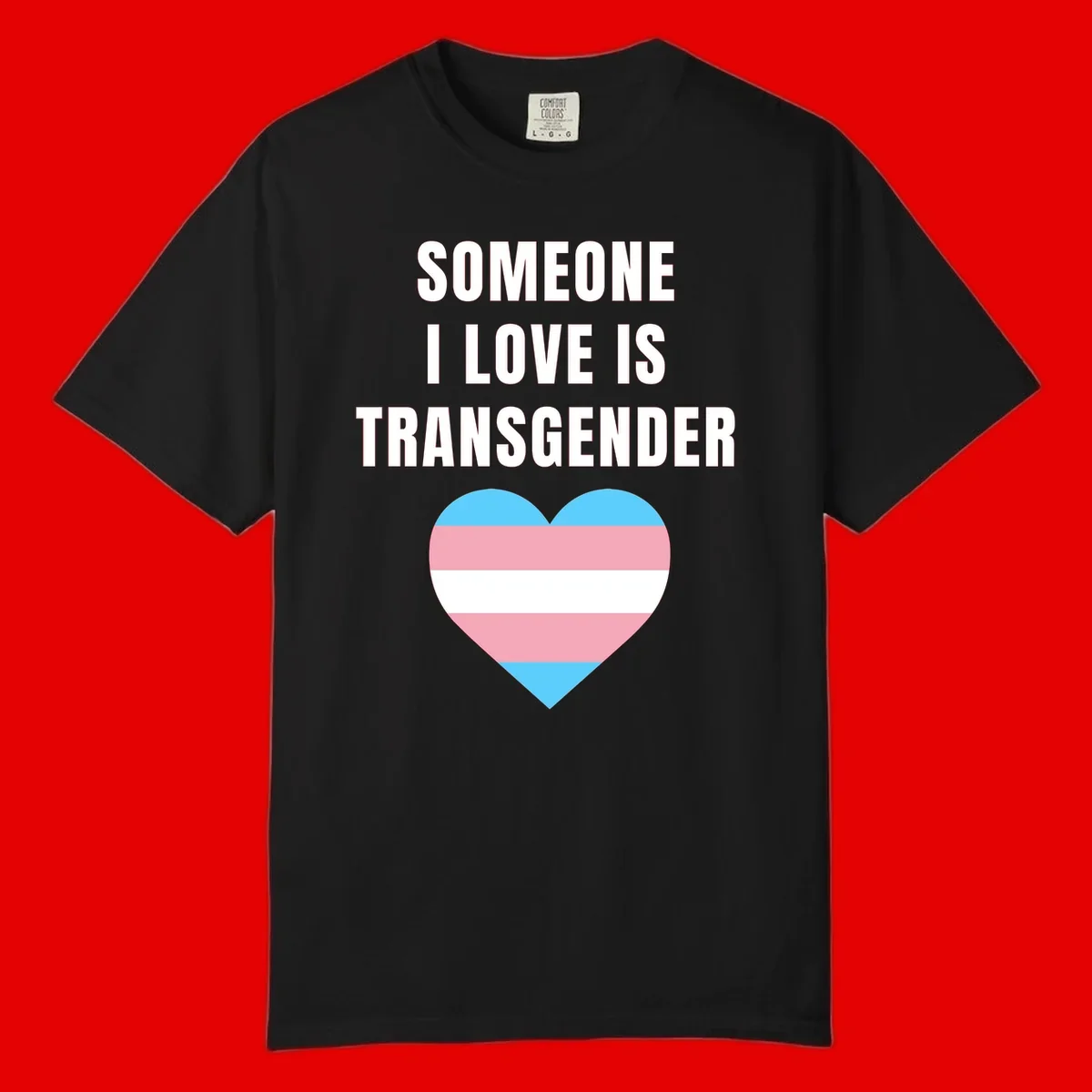Gray background with white text reading 'Someone I Love Is Transgender' above a heart featuring blue, pink, and white transgender flag stripes