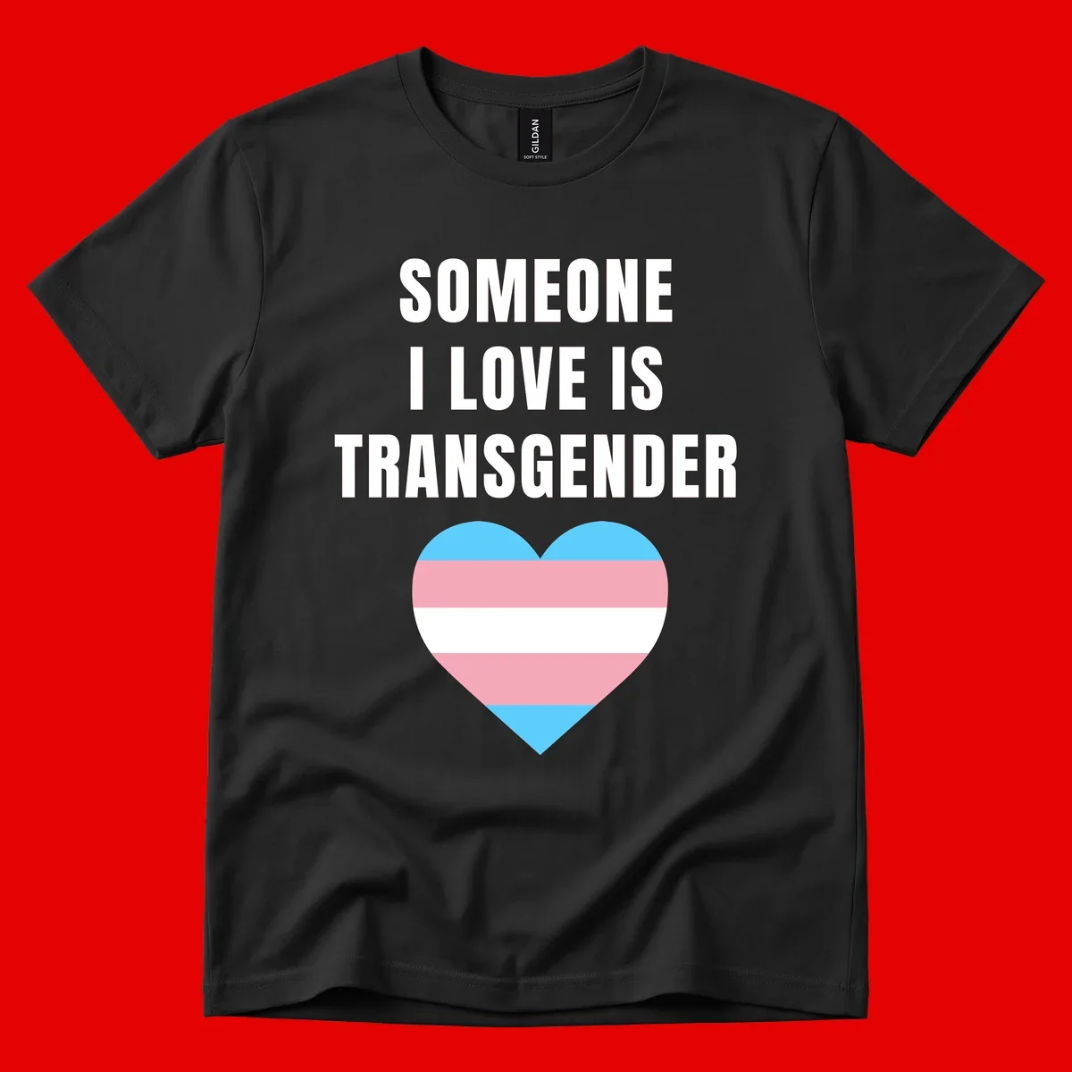 Gray background with white text reading 'Someone I Love Is Transgender' above a heart featuring blue, pink, and white transgender flag stripes